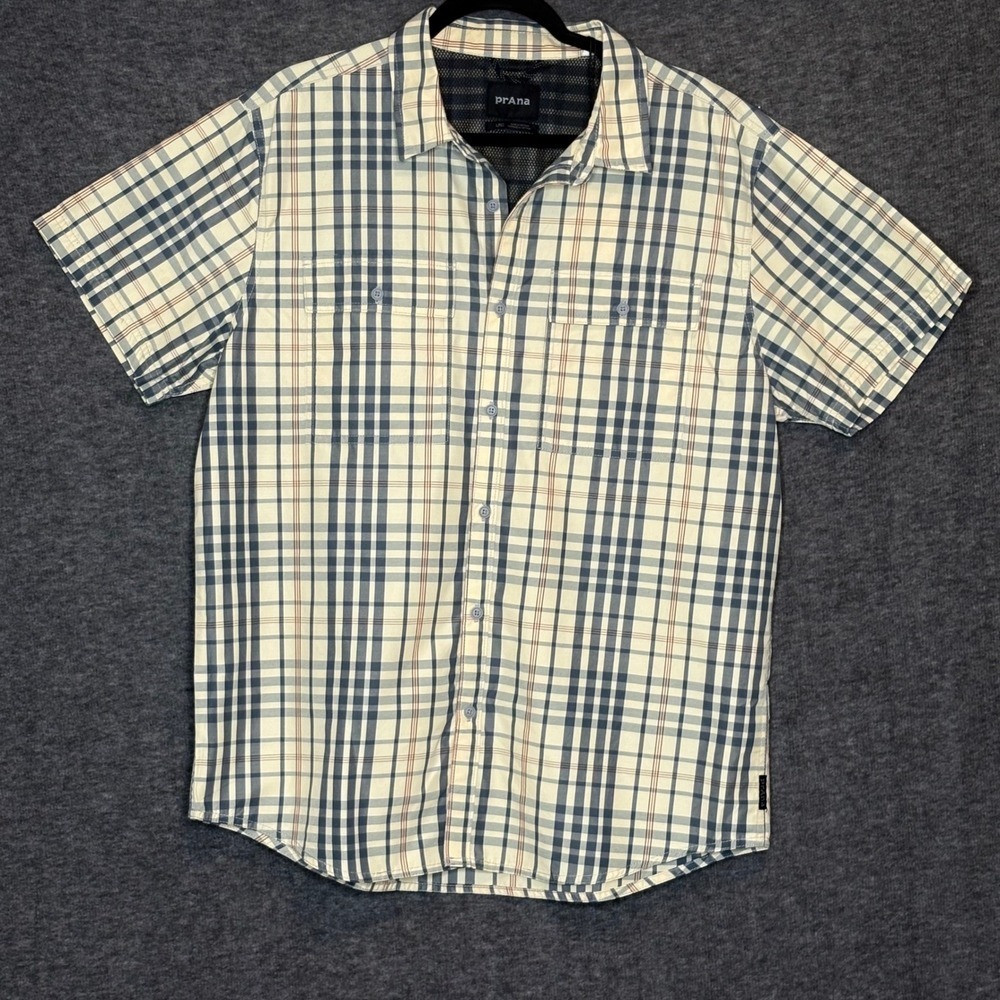 PrAna Kirkwood Shirt Large Plaid Stretch Button-Up Beige Short Sleeve Top